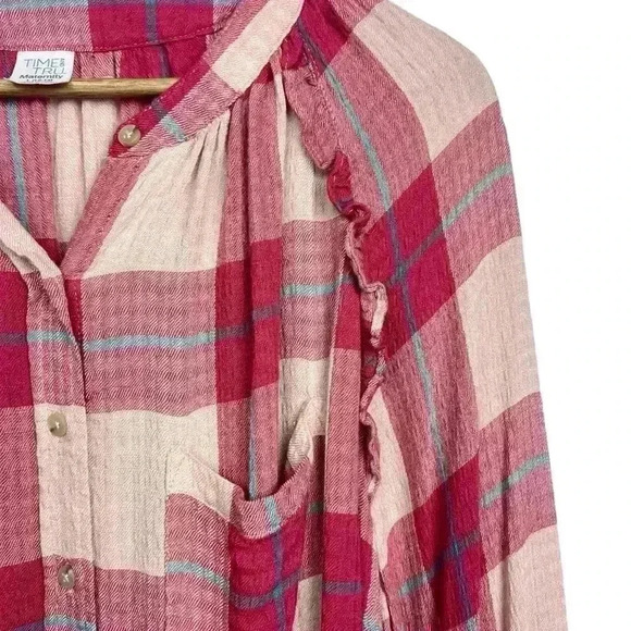 Time and Tru Maternity Pink and Blue Plaid Ruffle Flannel | Size Large - Picture 4 of 4